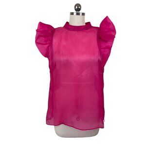 Boston Proper Blouse Womens Medium Pink Fuchsia Organza Ruffle Sleeve Glam Party